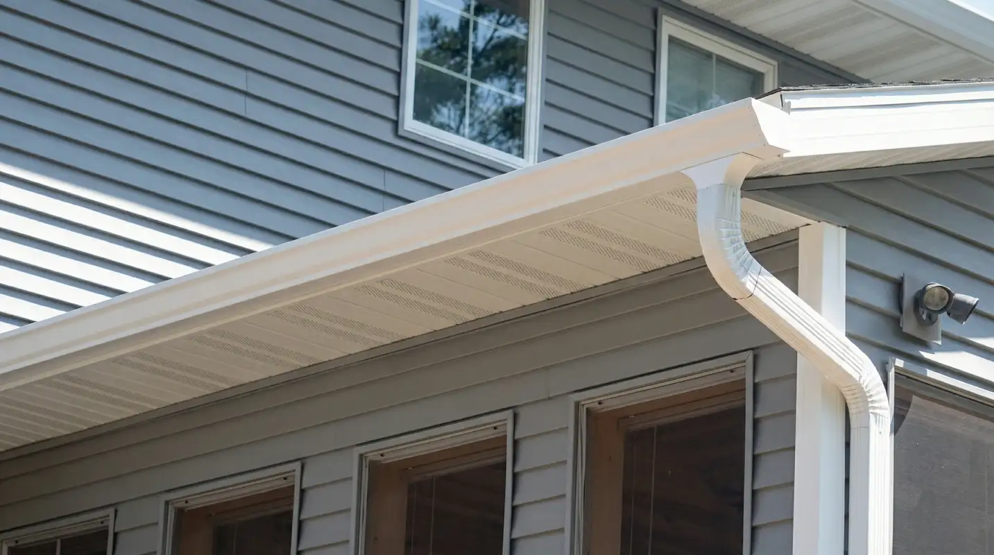 Professional home remodeling project showing newly installed white seamless gutters and downspouts on a house with gray siding in Little Rock, AR