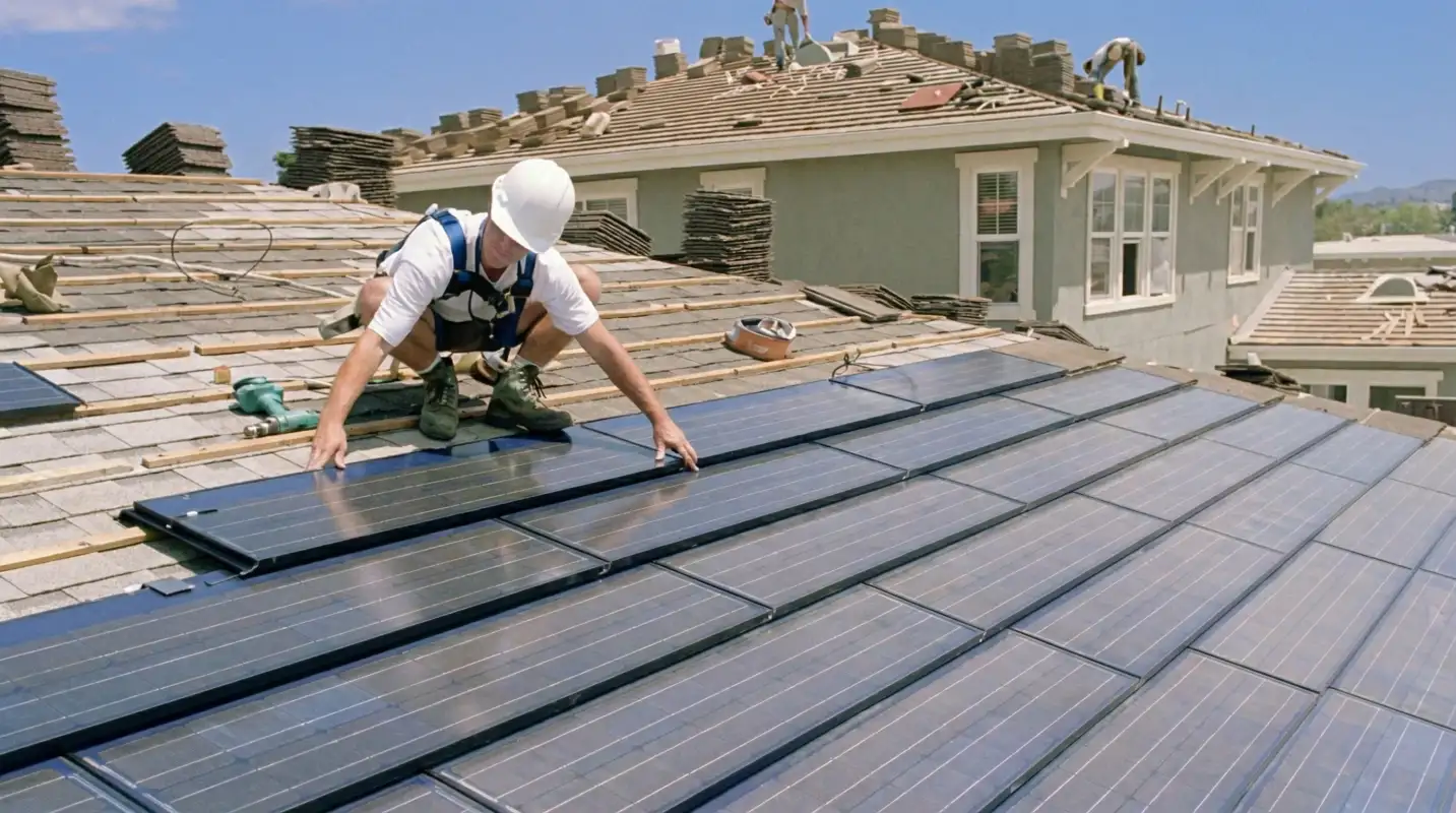 Roof replacement expert installing modern solar shingles on a residential home in Little Rock, AR