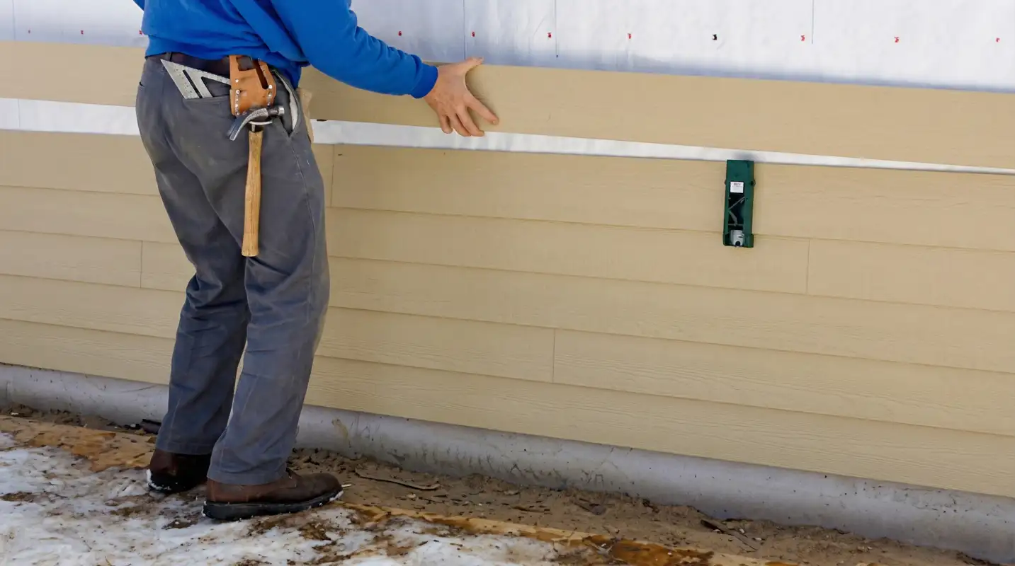 Siding replacement expert carefully aligning a new tan siding panel onto a residential exterior wall in Little Rock, AR