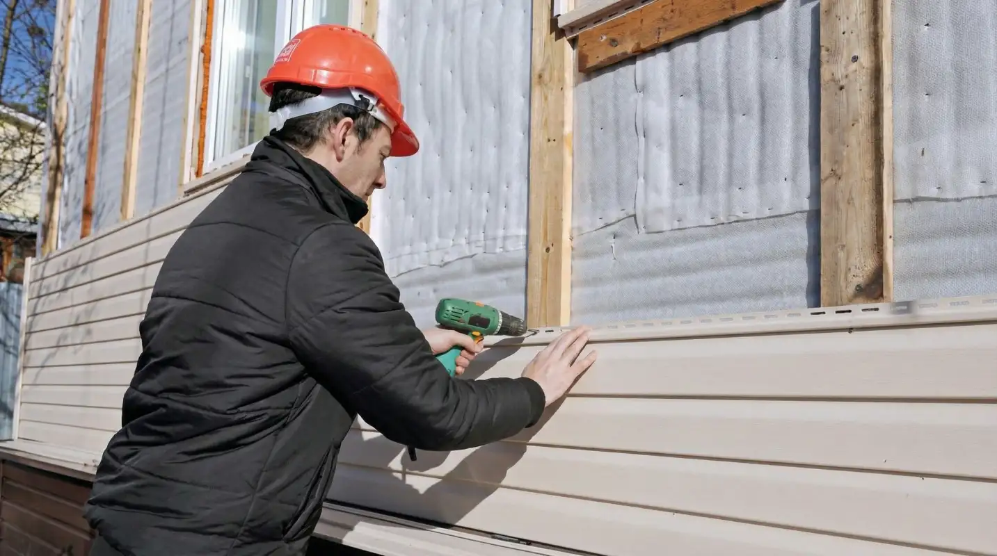 Siding replacement professional using a power drill to install new tan vinyl siding on a home exterior in Little Rock, AR