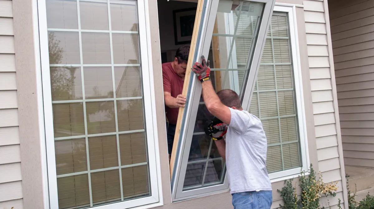 Professional home remodeling team installing a large replacement window on a house with tan siding in Little Rock, AR