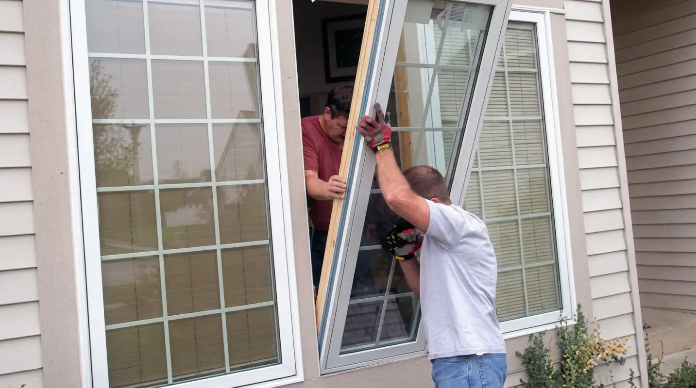 Professional home remodeling team installing a large replacement window on a house with tan siding in Little Rock, AR